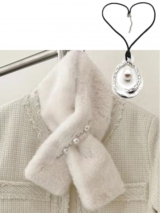 Solid Colour Fuzzy Hat with Brim and Necklace Set (NC1044 + SF202902CRM)